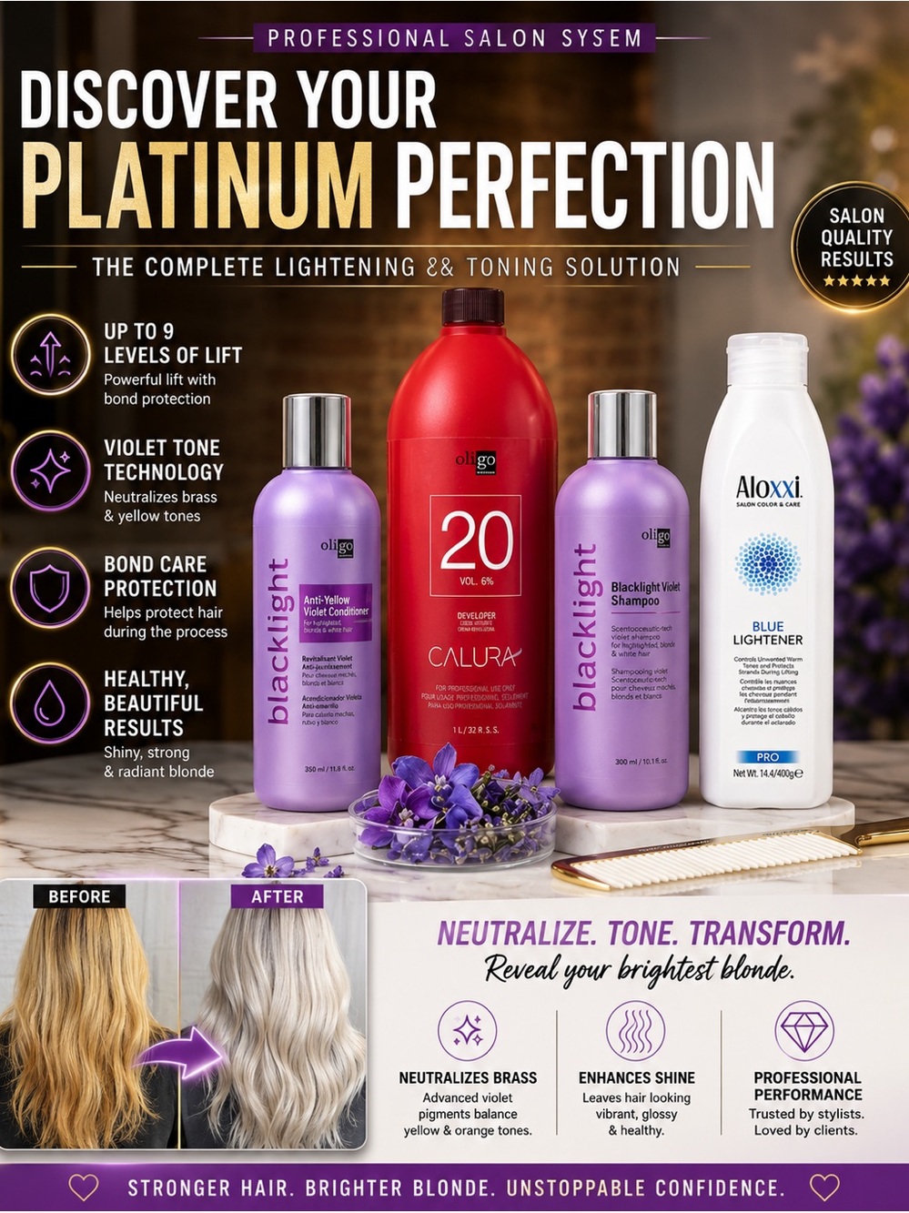Oligo Calura 20 Vol Red Developer with Aloxxi Blue Lightener & Purple Toning Duo